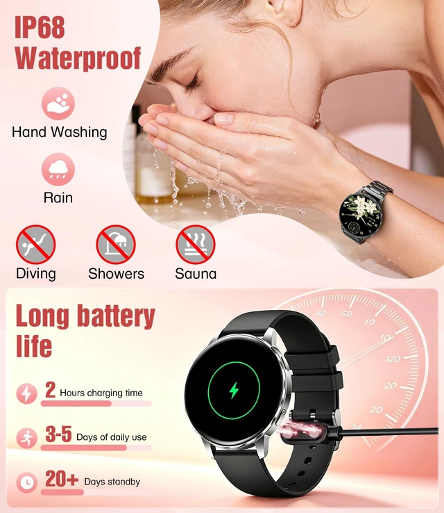Alt view image 5 of 7 - Smart Watch for Women, Answer/Make Call,1.27'' HD Clear Screen Fitness Tracker with Heart Rate/Sleep/Blood Pressure/Pedometer,Smartwatch for iPhone/Samsung/Android, 110+ Sport Modes,Waterproof Black