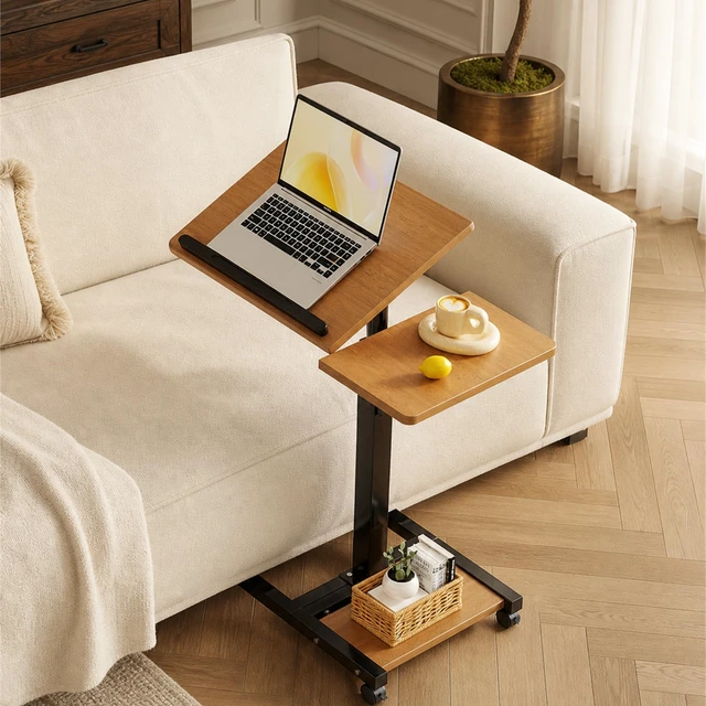 Alt view image 3 of 6 - Laptop Desk Stand for Bed Portable Desk Overbed Bedside Mobile Laptop Table Rolling Foldable Table Adjustable Height with Locked Wheels & Mouse Pad for Office Sofa (Natural Color)