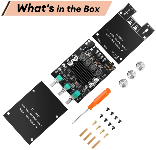 Alt view image 7 of 7 - ZK-1002T Bluetooth Amplifier Board,100W+100W 2.0 Channel Amp Board with Treble/Bass Control,DC 12-24V, Bluetooth and AUX Inputs, Audio Amp Board for Home DIY Wireless Speakers, Password Free
