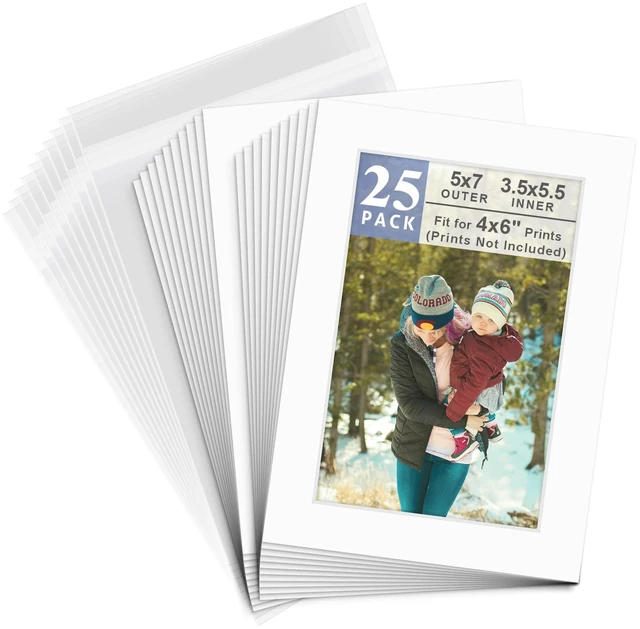 Main image of 25 Pack White 5x7 Picture Mat for 4x6 Photo+Backers+Bags Acid-Free Pre-Cut Mat 3.5x5.5 Opening White Core Bevel Cut For Photo Art Poster or Print Display Mats Mattes