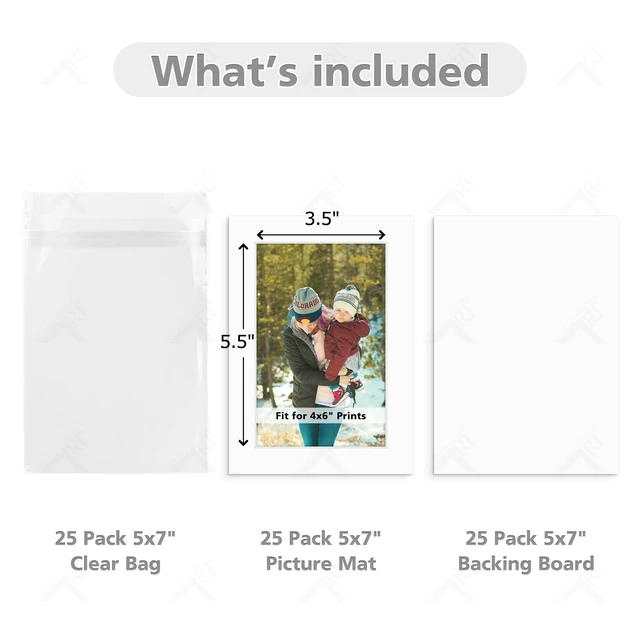 Alt view image 2 of 7 - 25 Pack White 5x7 Picture Mat for 4x6 Photo+Backers+Bags Acid-Free Pre-Cut Mat 3.5x5.5 Opening White Core Bevel Cut For Photo Art Poster or Print Display Mats Mattes