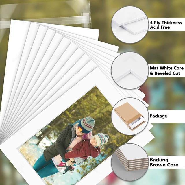 Alt view image 3 of 7 - 25 Pack White 5x7 Picture Mat for 4x6 Photo+Backers+Bags Acid-Free Pre-Cut Mat 3.5x5.5 Opening White Core Bevel Cut For Photo Art Poster or Print Display Mats Mattes