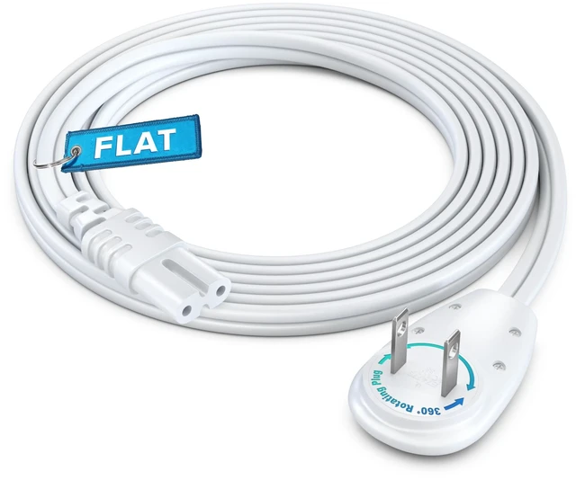 Main image of TV Power Cord 6 Ft, 2-Prong IEC C7, White, 360 Rotating Flat Plug, UL Works with gaming consoles, speakers, printers, and all IEC C7-compatible electronics