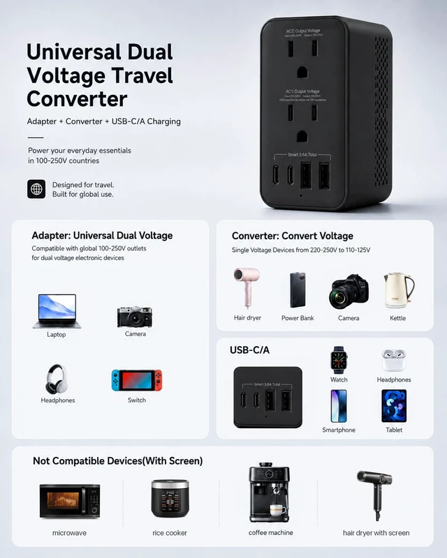 Alt view image 3 of 7 - 2000W 220V to 110V Voltage Converter US to Europe for Hair Dryer, Converter for European Travel, 6-in-1 Charging with 4 Plugs for Travel Worldwide