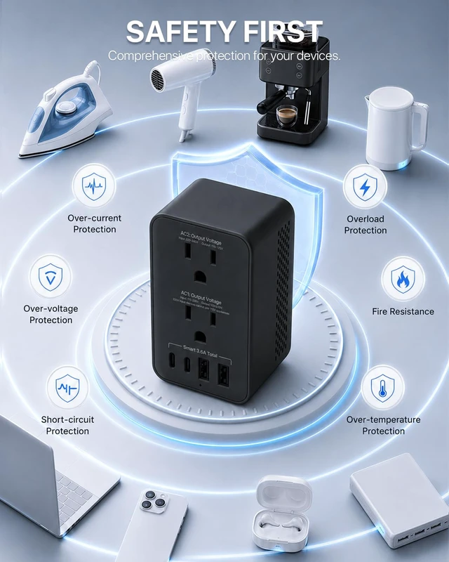 Alt view image 7 of 7 - 2000W 220V to 110V Voltage Converter US to Europe for Hair Dryer, Converter for European Travel, 6-in-1 Charging with 4 Plugs for Travel Worldwide