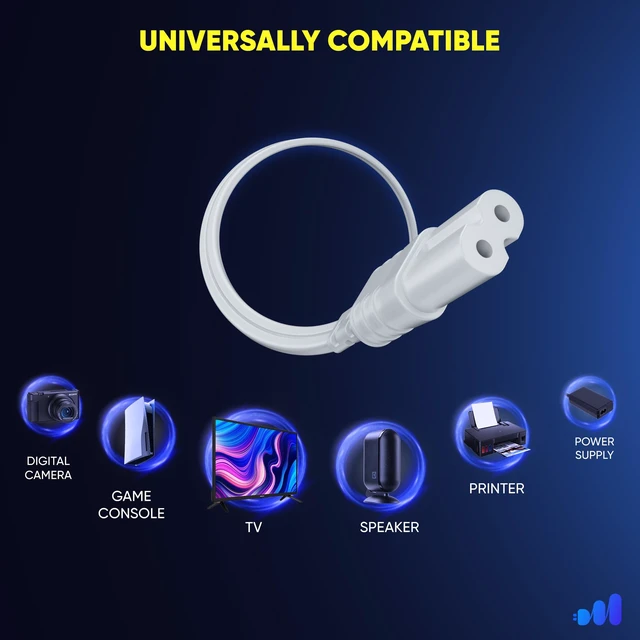 Alt view image 5 of 7 - TV Power Cord 6 Ft, 2-Prong IEC C7, White, 360 Rotating Flat Plug, UL Works with gaming consoles, speakers, printers, and all IEC C7-compatible electronics