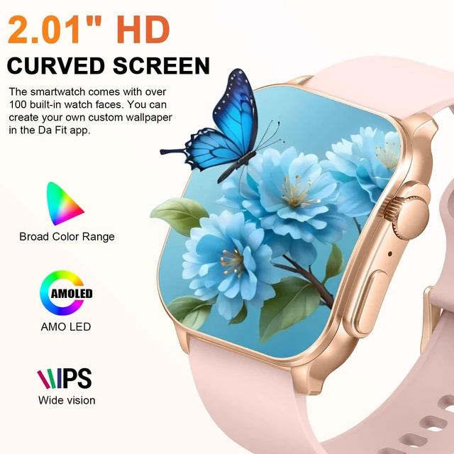 Alt view image 2 of 7 - Smart Watch for Women, 2.01" AMOLED Curved HD Screen Smart Watch, Fitness Tracker with 24/7 Heart Rate/Sleep Monitor, IP68 Waterproof Running Watch,Compatible with iOS & Android for Daily Workout Pink