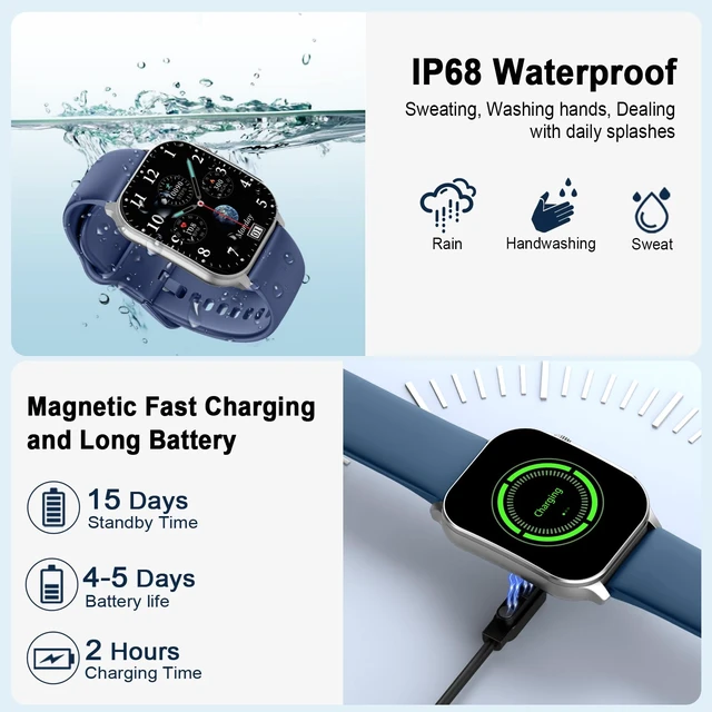 Alt view image 2 of 7 - Smart Watch, 2.01" AMOLED Curved Touchscreen Fitness Watch, IP68 Waterproof, 24/7 Heart Rate/Sleep Monitor, Fitness Tracker with Pedometer, 120+ Sports Modes, Smartwatch for Android iOS Navy Blue
