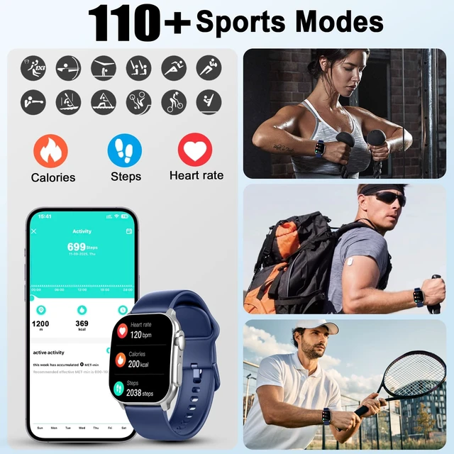 Alt view image 5 of 7 - Smart Watch, 2.01" AMOLED Curved Touchscreen Fitness Watch, IP68 Waterproof, 24/7 Heart Rate/Sleep Monitor, Fitness Tracker with Pedometer, 120+ Sports Modes, Smartwatch for Android iOS Navy Blue