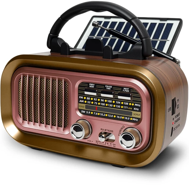 Main image of Portable AM FM SW Radio with Bluetooth, Retro Radio with Solar Panel 1200mAh Rechargeable Battery, Supports D Battery Power, USB/TF Playback & TWS for Home, Camping, Outdoors and Emergencies