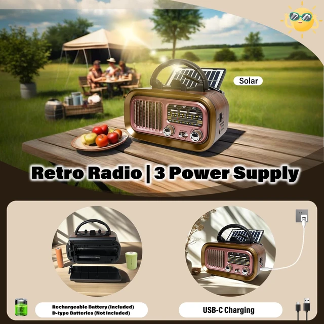 Alt view image 3 of 7 - Portable AM FM SW Radio with Bluetooth, Retro Radio with Solar Panel 1200mAh Rechargeable Battery, Supports D Battery Power, USB/TF Playback & TWS for Home, Camping, Outdoors and Emergencies
