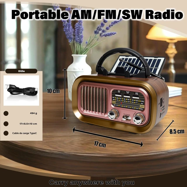 Alt view image 2 of 7 - Portable AM FM SW Radio with Bluetooth, Retro Radio with Solar Panel 1200mAh Rechargeable Battery, Supports D Battery Power, USB/TF Playback & TWS for Home, Camping, Outdoors and Emergencies