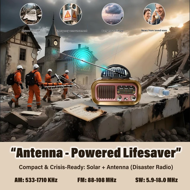 Alt view image 4 of 7 - Portable AM FM SW Radio with Bluetooth, Retro Radio with Solar Panel 1200mAh Rechargeable Battery, Supports D Battery Power, USB/TF Playback & TWS for Home, Camping, Outdoors and Emergencies