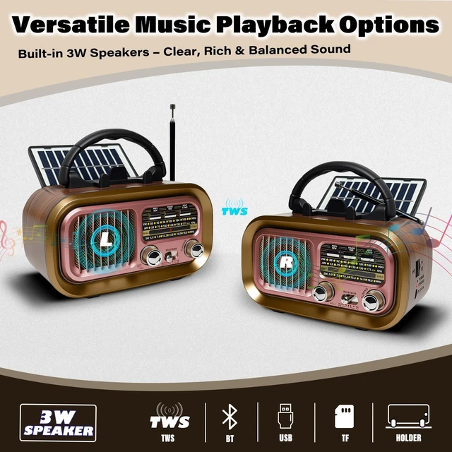 Alt view image 6 of 7 - Portable AM FM SW Radio with Bluetooth, Retro Radio with Solar Panel 1200mAh Rechargeable Battery, Supports D Battery Power, USB/TF Playback & TWS for Home, Camping, Outdoors and Emergencies