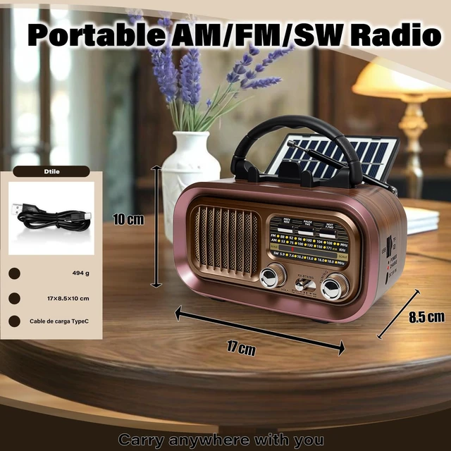 Alt view image 2 of 7 - Portable AM FM SW Radio with Bluetooth, Retro Radio with Solar Panel 1200mAh Rechargeable Battery, Supports D Battery Power, USB/TF Playback & TWS for Home, Camping, Outdoors and Emergencies