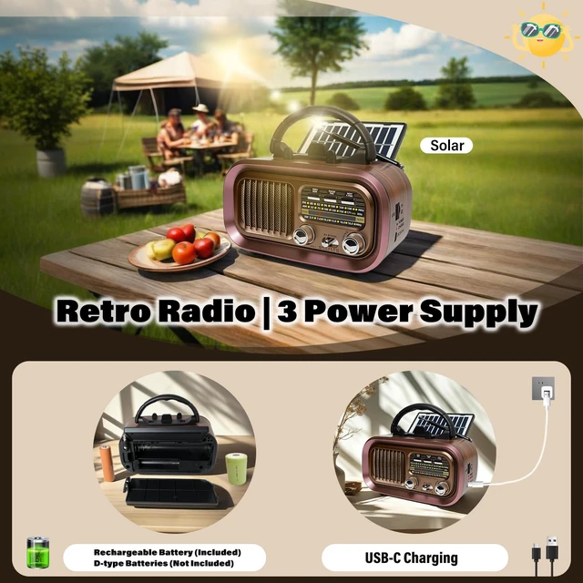 Alt view image 3 of 7 - Portable AM FM SW Radio with Bluetooth, Retro Radio with Solar Panel 1200mAh Rechargeable Battery, Supports D Battery Power, USB/TF Playback & TWS for Home, Camping, Outdoors and Emergencies