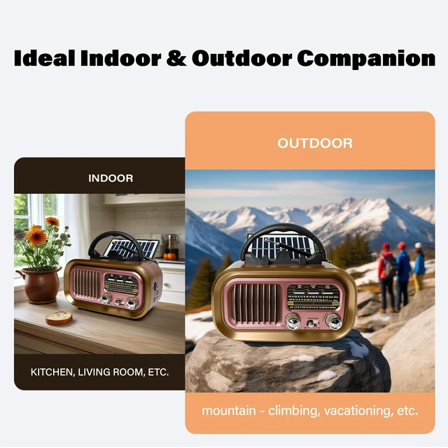 Alt view image 7 of 7 - Portable AM FM SW Radio with Bluetooth, Retro Radio with Solar Panel 1200mAh Rechargeable Battery, Supports D Battery Power, USB/TF Playback & TWS for Home, Camping, Outdoors and Emergencies