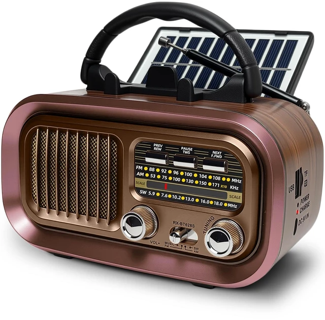 Main image of Portable AM FM SW Radio with Bluetooth, Retro Radio with Solar Panel 1200mAh Rechargeable Battery, Supports D Battery Power, USB/TF Playback & TWS for Home, Camping, Outdoors and Emergencies