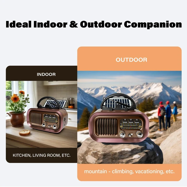 Alt view image 7 of 7 - Portable AM FM SW Radio with Bluetooth, Retro Radio with Solar Panel 1200mAh Rechargeable Battery, Supports D Battery Power, USB/TF Playback & TWS for Home, Camping, Outdoors and Emergencies