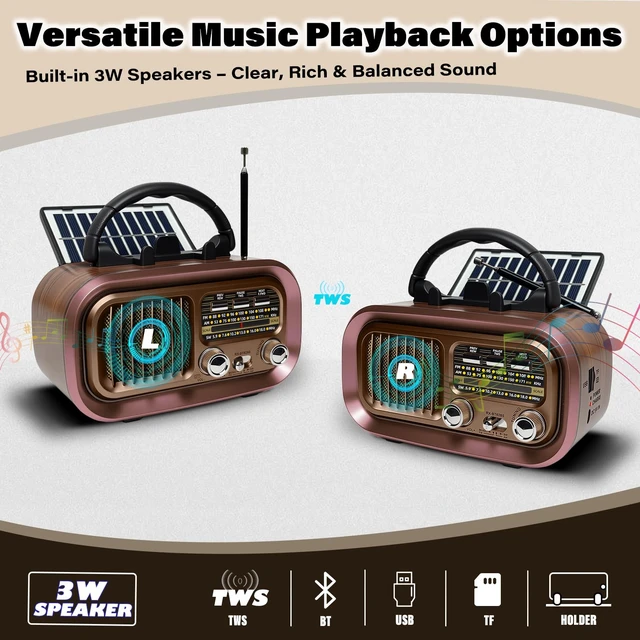 Alt view image 6 of 7 - Portable AM FM SW Radio with Bluetooth, Retro Radio with Solar Panel 1200mAh Rechargeable Battery, Supports D Battery Power, USB/TF Playback & TWS for Home, Camping, Outdoors and Emergencies
