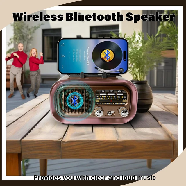 Alt view image 5 of 7 - Portable AM FM SW Radio with Bluetooth, Retro Radio with Solar Panel 1200mAh Rechargeable Battery, Supports D Battery Power, USB/TF Playback & TWS for Home, Camping, Outdoors and Emergencies