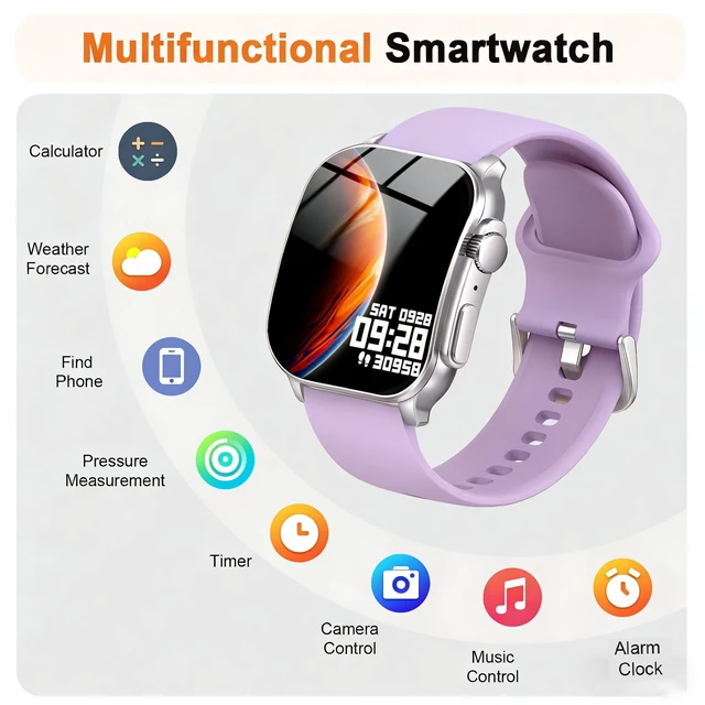 Alt view image 3 of 4 - Smart Watch, 2.01" AMOLED Curved HD Full Touch Screen, Compatible with iOS & Android for Daily Workout Business Gift, Fitness Tracker with 24/7 Heart Rate/Sleep Monitor, IP68 Waterproof Watch Purple