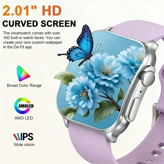 Alt view image 4 of 4 - Smart Watch, 2.01" AMOLED Curved HD Full Touch Screen, Compatible with iOS & Android for Daily Workout Business Gift, Fitness Tracker with 24/7 Heart Rate/Sleep Monitor, IP68 Waterproof Watch Purple