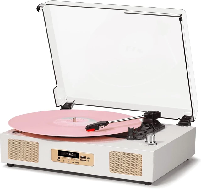 Main image of Vinyl Record Player Bluetooth Turntable with Built in Stereo Speakers USB Recording Belt Drive 3 Speeds LP Player Support RCA Output, Auto Stop, Digital Display, White & Champagne Gold