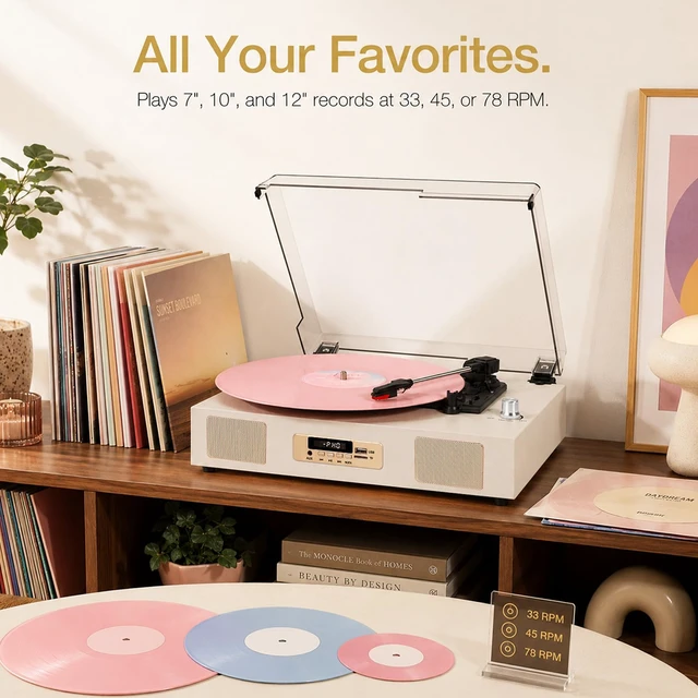Alt view image 2 of 7 - Vinyl Record Player Bluetooth Turntable with Built in Stereo Speakers USB Recording Belt Drive 3 Speeds LP Player Support RCA Output, Auto Stop, Digital Display, White & Champagne Gold