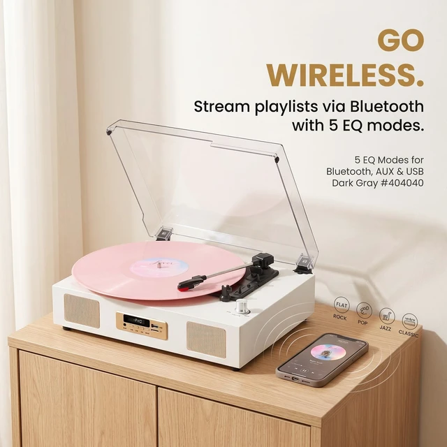 Alt view image 3 of 7 - Vinyl Record Player Bluetooth Turntable with Built in Stereo Speakers USB Recording Belt Drive 3 Speeds LP Player Support RCA Output, Auto Stop, Digital Display, White & Champagne Gold