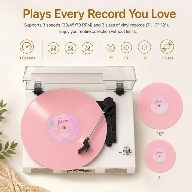 Alt view image 4 of 7 - Vinyl Record Player Bluetooth Turntable with Built in Stereo Speakers USB Recording Belt Drive 3 Speeds LP Player Support RCA Output, Auto Stop, Digital Display, White & Champagne Gold