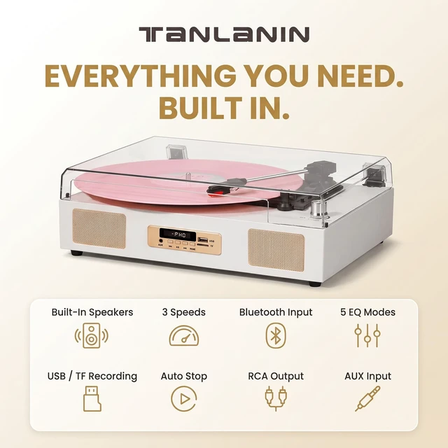 Alt view image 5 of 7 - Vinyl Record Player Bluetooth Turntable with Built in Stereo Speakers USB Recording Belt Drive 3 Speeds LP Player Support RCA Output, Auto Stop, Digital Display, White & Champagne Gold