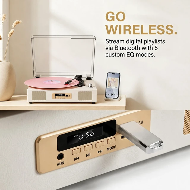 Alt view image 7 of 7 - Vinyl Record Player Bluetooth Turntable with Built in Stereo Speakers USB Recording Belt Drive 3 Speeds LP Player Support RCA Output, Auto Stop, Digital Display, White & Champagne Gold