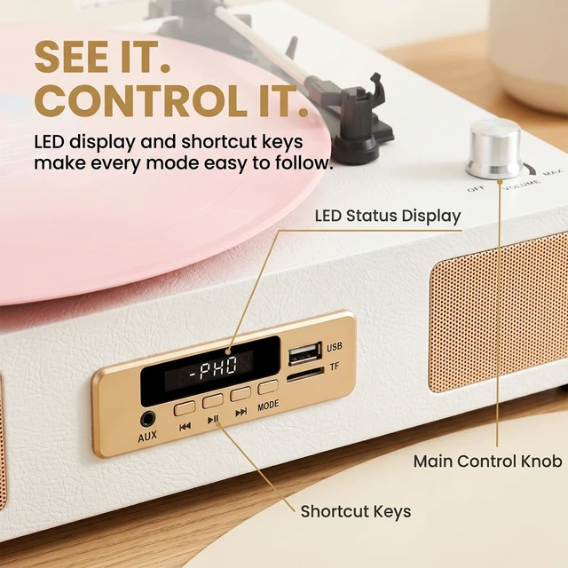 Alt view image 6 of 7 - Vinyl Record Player Bluetooth Turntable with Built in Stereo Speakers USB Recording Belt Drive 3 Speeds LP Player Support RCA Output, Auto Stop, Digital Display, White & Champagne Gold