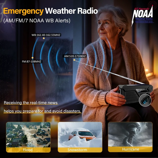 Alt view image 3 of 7 - Weather Radio Solar with 2 Charging Cables, 22000mWh NOAA Emergency Radio AM FM Hand Crank Radio, Flashlight Reading Lamp SOS Alarm Power Outage Phone Charger for Home Outdoor Emergencies