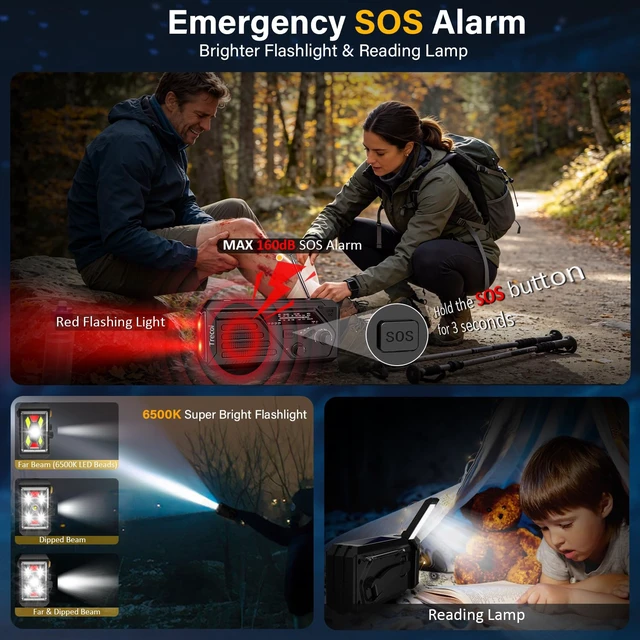 Alt view image 4 of 7 - Weather Radio Solar with 2 Charging Cables, 22000mWh NOAA Emergency Radio AM FM Hand Crank Radio, Flashlight Reading Lamp SOS Alarm Power Outage Phone Charger for Home Outdoor Emergencies
