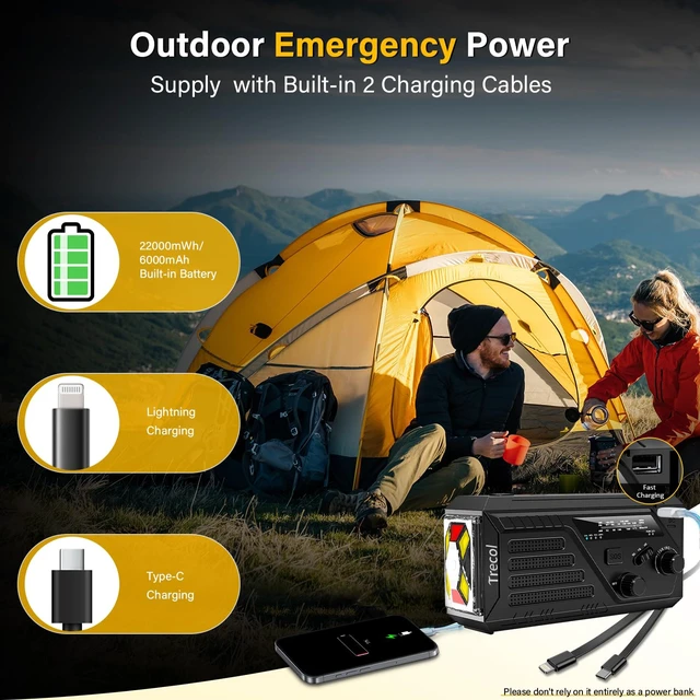 Alt view image 5 of 7 - Weather Radio Solar with 2 Charging Cables, 22000mWh NOAA Emergency Radio AM FM Hand Crank Radio, Flashlight Reading Lamp SOS Alarm Power Outage Phone Charger for Home Outdoor Emergencies