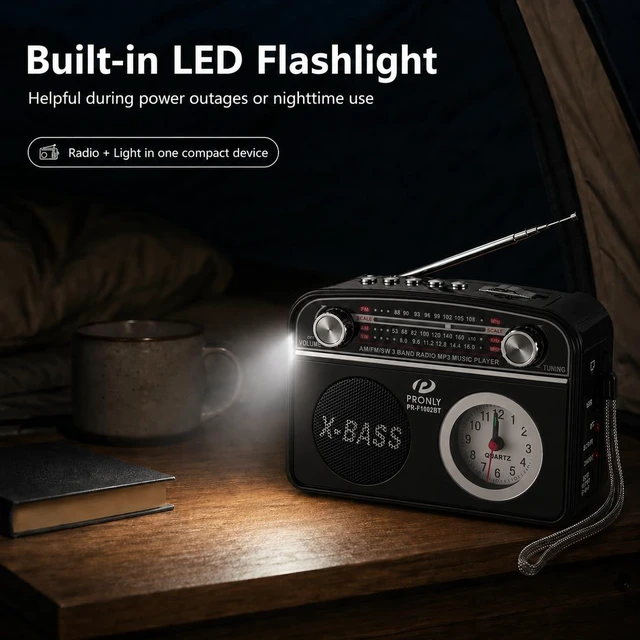 Alt view image 4 of 7 - Portable AM/FM Radio with Bluetooth, Vintage Style Emergency Radio with Clock & Flashlight, Battery Powered Radio Supporting USB/TF Playback, for Camping & Backup Use (Black)