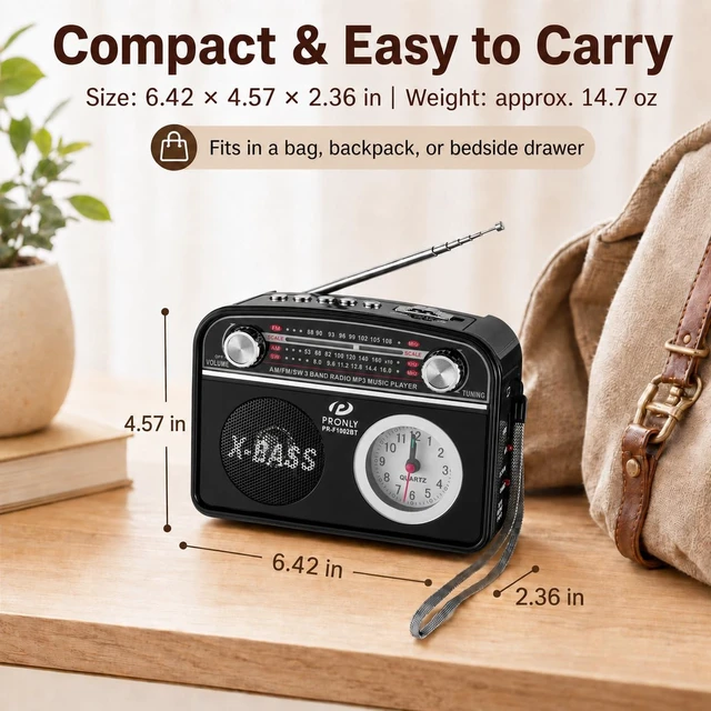Alt view image 6 of 7 - Portable AM/FM Radio with Bluetooth, Vintage Style Emergency Radio with Clock & Flashlight, Battery Powered Radio Supporting USB/TF Playback, for Camping & Backup Use (Black)