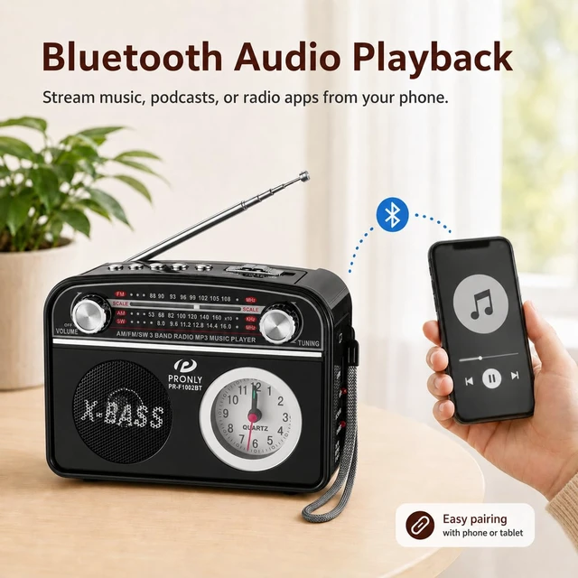 Alt view image 3 of 7 - Portable AM/FM Radio with Bluetooth, Vintage Style Emergency Radio with Clock & Flashlight, Battery Powered Radio Supporting USB/TF Playback, for Camping & Backup Use (Black)