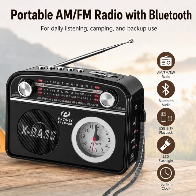 Alt view image 2 of 7 - Portable AM/FM Radio with Bluetooth, Vintage Style Emergency Radio with Clock & Flashlight, Battery Powered Radio Supporting USB/TF Playback, for Camping & Backup Use (Black)