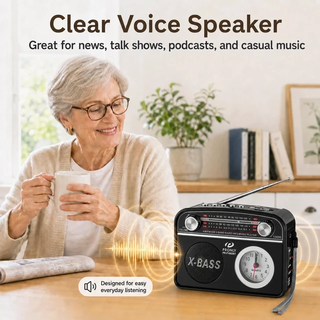 Alt view image 7 of 7 - Portable AM/FM Radio with Bluetooth, Vintage Style Emergency Radio with Clock & Flashlight, Battery Powered Radio Supporting USB/TF Playback, for Camping & Backup Use (Black)
