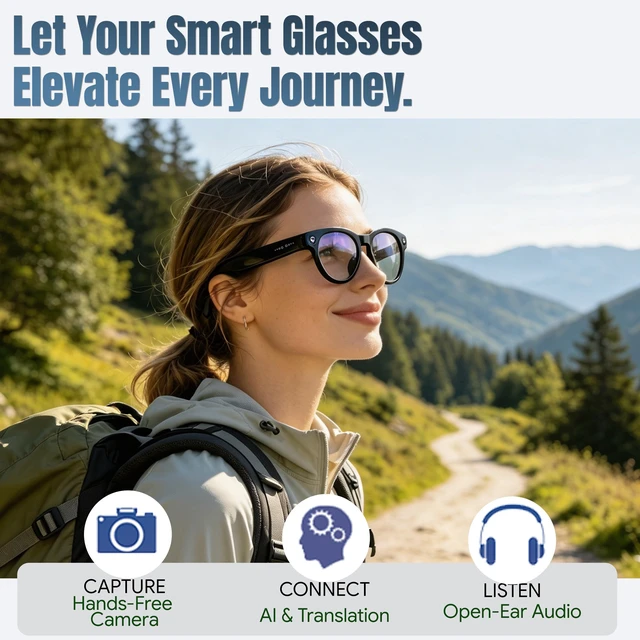 Alt view image 6 of 7 - AI Smart Glasses with 8MP Camera, 1080P Video & 4K Photos,voice Assistant Real-Time Translation,Object Recognition,Bluetooth & Open-Ear Audio, Hands-Free Vlogging, Travel (2 Lenses)