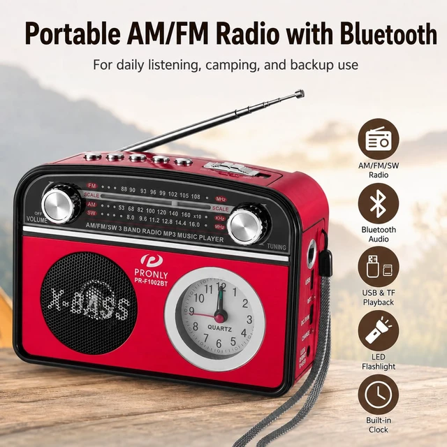 Alt view image 2 of 7 - Portable AM/FM Radio with Bluetooth, Vintage Style Emergency Radio with Clock & Flashlight, Battery Powered Radio Supporting USB/TF Playback, for Camping & Backup Use (Red)
