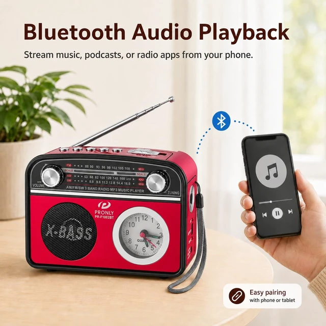 Alt view image 3 of 7 - Portable AM/FM Radio with Bluetooth, Vintage Style Emergency Radio with Clock & Flashlight, Battery Powered Radio Supporting USB/TF Playback, for Camping & Backup Use (Red)