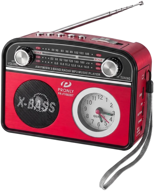 Main image of Portable AM/FM Radio with Bluetooth, Vintage Style Emergency Radio with Clock & Flashlight, Battery Powered Radio Supporting USB/TF Playback, for Camping & Backup Use (Red)