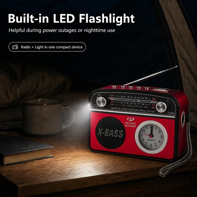 Alt view image 4 of 7 - Portable AM/FM Radio with Bluetooth, Vintage Style Emergency Radio with Clock & Flashlight, Battery Powered Radio Supporting USB/TF Playback, for Camping & Backup Use (Red)