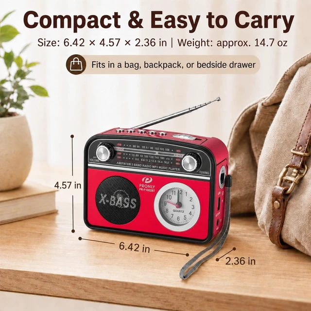 Alt view image 6 of 7 - Portable AM/FM Radio with Bluetooth, Vintage Style Emergency Radio with Clock & Flashlight, Battery Powered Radio Supporting USB/TF Playback, for Camping & Backup Use (Red)