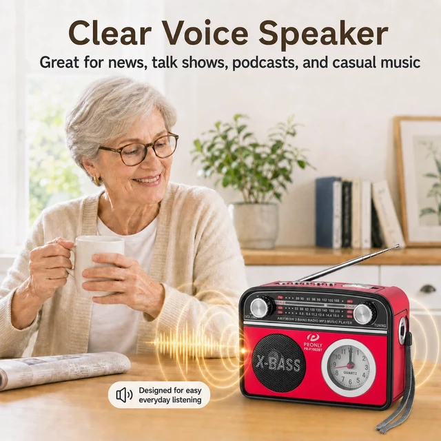 Alt view image 7 of 7 - Portable AM/FM Radio with Bluetooth, Vintage Style Emergency Radio with Clock & Flashlight, Battery Powered Radio Supporting USB/TF Playback, for Camping & Backup Use (Red)