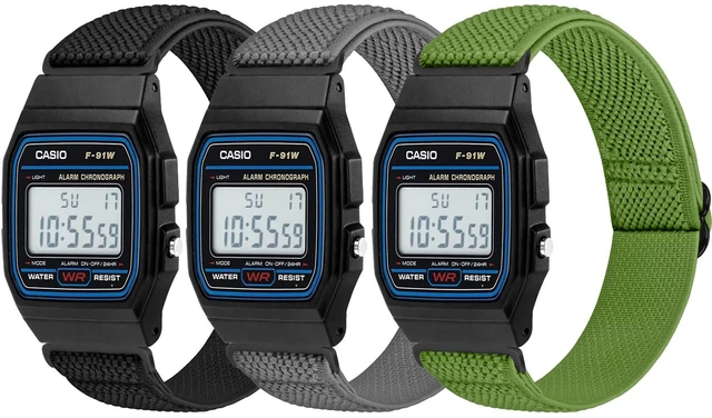 Main image of 3 Pack Elastic Band Compatible with Casio F-91W/F-84/F-94/F-105/F-108/AE-1200/W-217H/W-218H/A-158W/A-168W/SGW-300H/W-800H, Adjustable Stretchy Sport Strap Comfortable Nylon Replacement Wristband